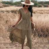 Dot Print Ruffles V Neck Draw String Button Dress